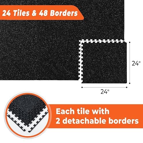 SUPERJARE 0.4'' Thick 24 Pcs 96 Sq Ft Rubber Top Exercise Equipment Mats, High Density EVA Foam Mats with Rubber Top, Interlocking Gym Flooring for Home Gym, Protective Workout Mat, Black/Grey thumbnail 3