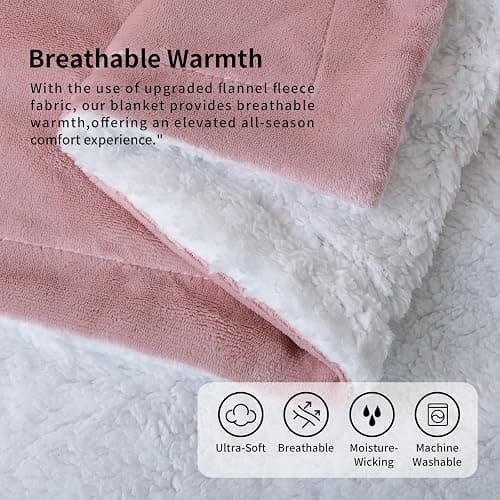 K.Garden Sherpa Fleece Throw Blanket for Couch Sofa, Super Soft Cozy Fuzzy Plush Blankets Fleece Thick Warm Blanket for Winter Reversible Thick Warm Blanket for Bed, Sofa,Pink 5060 thumbnail 3