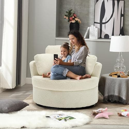 Swivel Barrel Chair, Modern Fabric Oversized 360 Degree Club Accent Arm Chairs, Single Round Living Room Sofa Chair w/ 3 Pillows for Nursery, Bedroom, Reading, Office, Ivory thumbnail 2