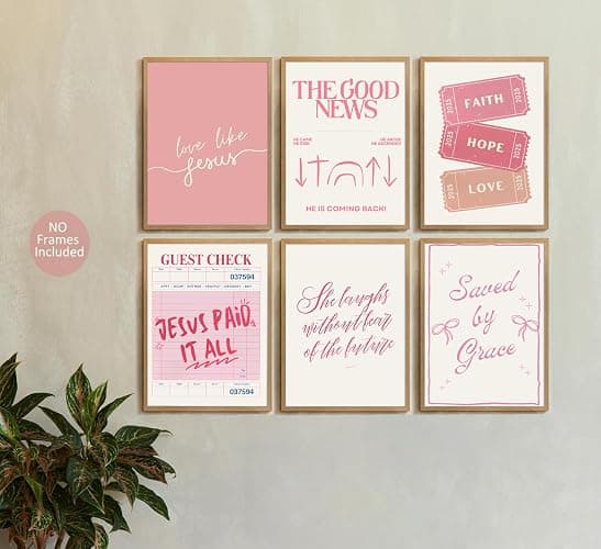 6pcs Pink Christian Bible Wall Art Religious Preppy Painting Picture Wall Decor Pink Christian Encouragement Poster Print Artwork for Bedroom Living Room Office Dorm Room Decoration Unframed thumbnail 2