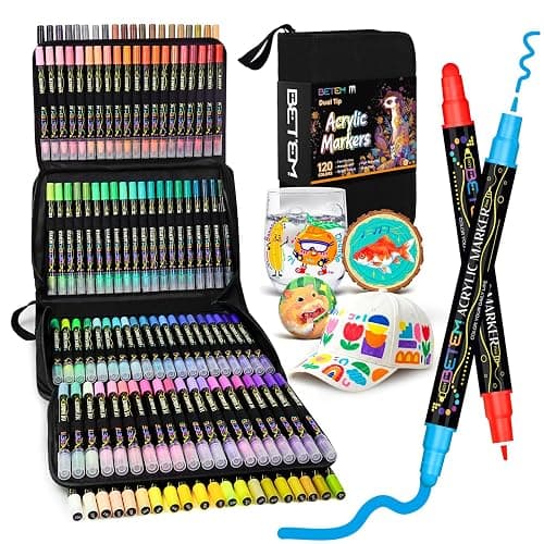 Betem Acrylic Paint Markers Pens, Dual Tip 120 Colors Premium Paint Pens Acrylic Markers for Wood, Fabric, Canvas, Stone, Rock Painting, Glass, Ceramic Surface, DIY Crafts Making Art Supplies with Bag - Image 1