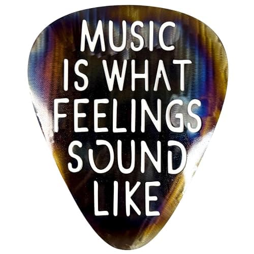 Top Brass Jumbo 16" Metal Guitar Pick Wall Art – “Music Is What Feelings Sound Like” Quote – Steel Wall Décor – Music Room, Studio, or Man Cave Art (Flame Torched) - Image 1