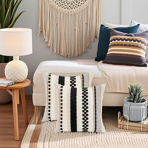 Tosleo Boho Pillow Covers 18x18 inch Set of 2 Black and Cream Throw Pillow Covers Stripe Tufted Decorative Pillow Case Accent Chenille Pillowcase Farmhouse Patterned Cushion Case for Spring Home Decor thumbnail 7