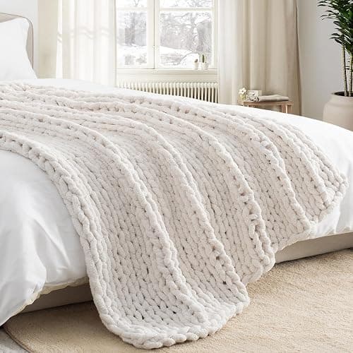 LONG CREATE Chunky Knit Throw Blanket 50"X 60", 100% Handmade with Soft Chenille Yarn, 4.4lbs Thick Cable Knitted Blankets, Large Rope Knot Crochet Throws for Couch Sofa Bed Home Decor, Cream White - Cream White - 50x60 inch thumbnail 8