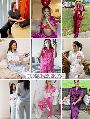 Ekouaer Silk Pajamas for Womens Set 2 Piece Satin Pjs Soft Button Down Sleepwear Wide Leg Long Pants with Pockets thumbnail 5