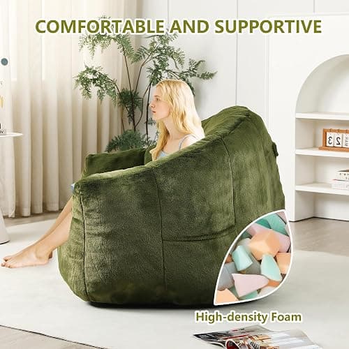 Setawix Giant Bean Bag Chair with Filler, Comfy Faux Fur Bean Bag Chairs for Adults and Kids, Lazy BeanBag Sofa Stuffed Floor Sofa with Memory Foam for Bedroom Apartment Living Room,Green thumbnail 3
