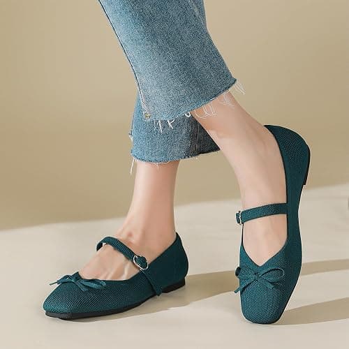 itbieong Knit Flats for Women Square Toe Flats Casual Ballet Flats with Ankle Strap,Washable Comfortable Dressy Mary Jane Flat thumbnail 3