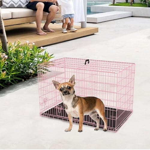 FDW 24 inch Dog Crate Dog Kennel Cage with Double Door Folding Metal Wire Dog Cage with Removable Tray&Divider Panel,Pet Crate for Small Dogs,Pink thumbnail 2