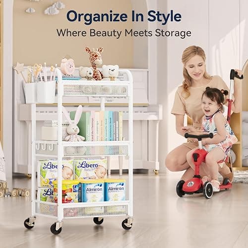 YASONIC 3 Tier Rolling Cart – Metal Utility Storage Carts with Wheels, Craft Carts Organizer with Hanging Cups, Hooks, Mesh Basket for Bedside Kitchen Office Art, White thumbnail 7