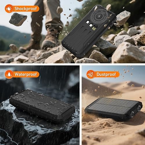 Solar Power Bank 20000mAh Wireless Portable Charger Built-in 3 Cables 15W USB-C Fast Charging Battery Pack Compatible with iPhone, Samsung, iPad, Emergency LED Flashlights Perfect for Camping, Hiking thumbnail 6