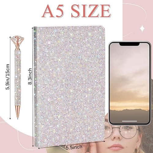 Resholder Silver A5 Rhinestone Notebook & Pen Set Bling Diary for Girls | Hard Cover Glitter Journal for Women, Sparkly Desk Accessories Gift for Women, Cute Classroom Supplies for Back to School thumbnail 3