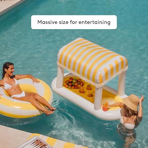 Giant Floating Yellow Cabana Stripe Drink Station, Removable Fabric Shade with Fringe, Perfect for Parties, Table-Top Decorations and in-Pool Refreshments. thumbnail 5