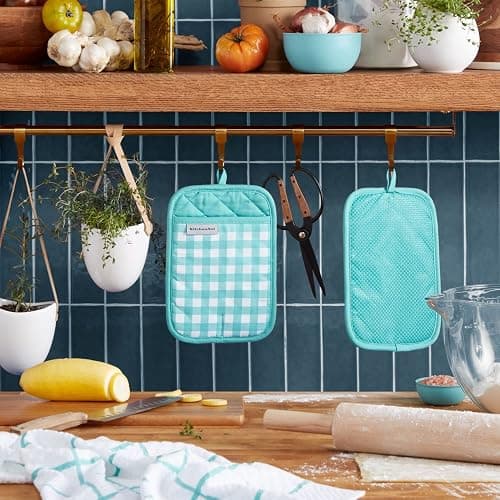 KitchenAid Gingham Pot Holder 2-Pack Set, Aqua Sky, 7"x10" thumbnail 2