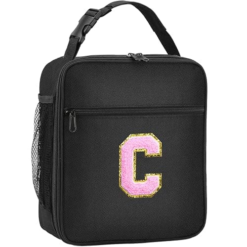 Initial Insulated Lunch Bag, Lunch Box with Initial Letter Patch for Teen Adult, Reusable Lunch Bag for Men Women, Ideal Back to School Gift Birthday Gift, Pink C - Image 1