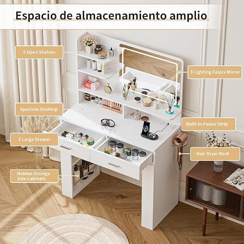 BonVache Dressing Table with LED Mirror, Vanity Desk with 3 Lighting Colours Mirror and Power Strip, Makeup Table Storage Set for Bedroom with 2 Drawers, 9 Open Shelves and Hair Dryer Holder, White thumbnail 4