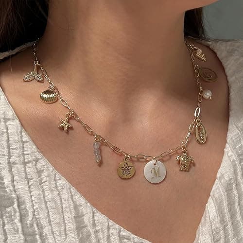 Drogomen Gold Initial Charm Necklace for Women Dainty Boho Shell Starfish Necklace Personalized Letter A-Z Pendant Necklaces Summer Beach Surfer Jewelry Gifts thumbnail 6