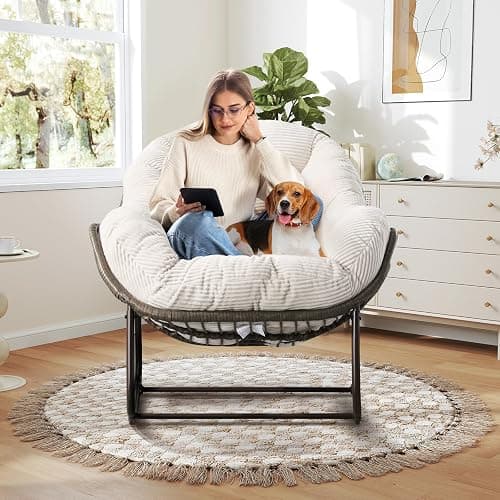 Large Indoor Rocking Chair, Oversized Rocking Papasan Chair with Thick Cushion and Frame,Comfy Corduroy Rocker Wicker Egg Chairs Lounge Reading Chair for Living Room, Bedroom, Apartment, White - Image 1