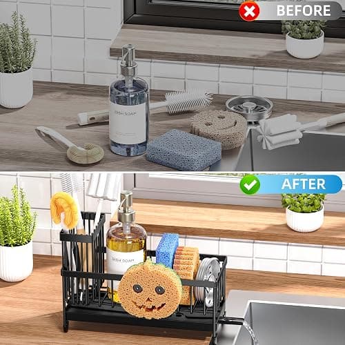 Cisily Sponge Holder for Kitchen Sink, Sink Caddy Organizer with High Brush Holder, Kitchen Countertop Organizers and Storage Essentials, Rustproof 304 Stainless Steel (Black with Smiley Face, 9.25″) thumbnail 7