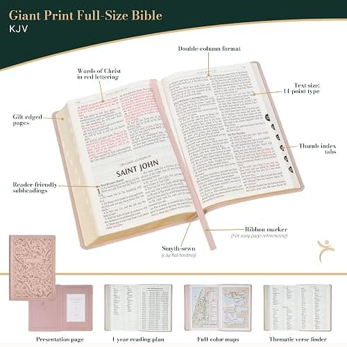 KJV Holy Bible, Giant Print Full-size Red Letter Edition, Thumb Index Tabs & Ribbon Marker, King James Version, Vegan Leather, Blush Pink, 14 pt. Type (KJV Full Size GP Editions) thumbnail 2