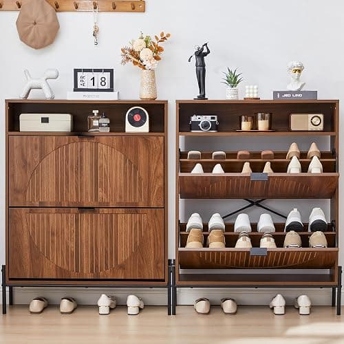 FurSch Fluted Shoe Cabinet with 2 Flip Drawers, Narrow Shoes Storage Organizer Rack with Circle Design Panel for Entryway Hallway (Walnut) thumbnail 7