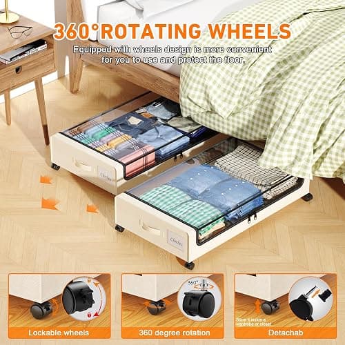 Under Bed Storage with Wheels, 2-Pack Under Bed Storage Containers with Clear Lids, XXL 60L Under the bed storage Organizer Bins, Rolling Under Bed Metal Drawer for Clothes,Shoes,Toys (White, 2 Pack) thumbnail 4