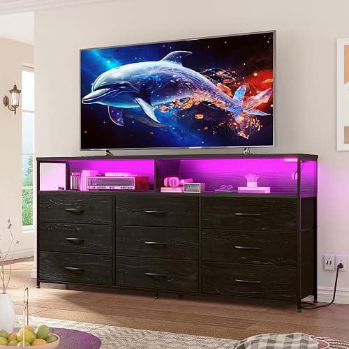 55” W Black Dresser for Bedroom with Charging Station & LED Light, 65/55/50 Inch TV Stand with 9 Fabric Drawers, Sturdy Chest of Drawers with 2 Wooden Open Shelves for Bedroom, Dorm, Living Room thumbnail 9