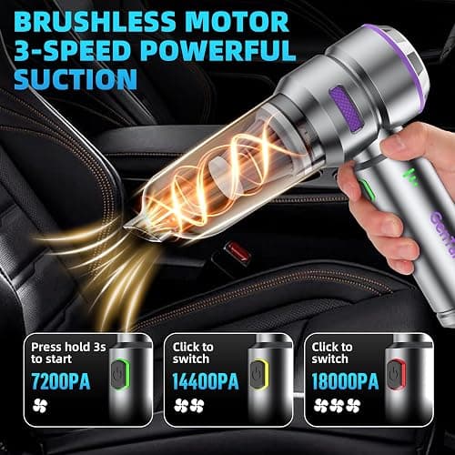 GenTant Car Vacuum Portable Cordless, 18000PA Portable Vacuum Cordless, High Power Air Duster with Brushless Motor, Type-C Charge, 3 in 1 Small Vacuum Cleaner for Car, Home, Office, Pet Hair thumbnail 2