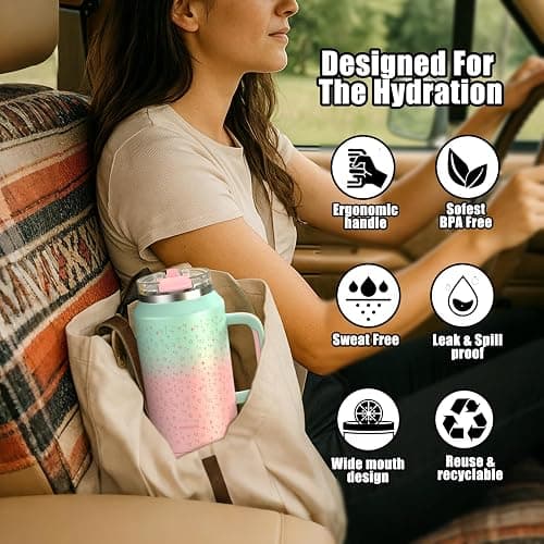 Hydraful 64 oz Tumbler with Handle and Straw - 100% Leak-Proof - Insulated Cup Reusable Stainless Steel Large Water Bottle Travel Mug for Gym, Hiking, and Camping - Gifts for Women Men Him Her thumbnail 8