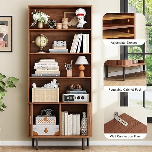 ONBRILL 71" Tall Bookshelf, 4-Tier Bookcase with Storage Cabinet & Adjustable Storage Shelf, Freestanding Wood Bookshelf with Sliding Door and Adjustable Footpad, for Home Office, Living Room, Walnut thumbnail 5
