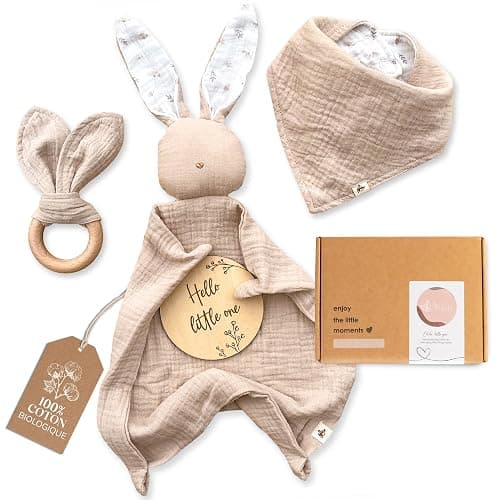 Mikito Coffret Cadeau Naissance Bébé Doudou Lapin, Bavoir Bandana, Mordedor Bois & Carte - 100% Coton Bio Certifié Oeko-TEX et GOTS - Cadeau pour Fille & Garçon - Image 1