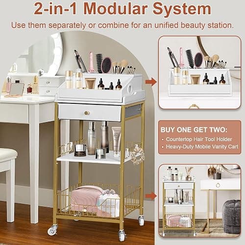 NauwaBarn Makeup Organizer Cart with Drawer, 2-in-1 Rolling Organizer Cart with Hair Tool Holder, Vanity Storage for Skincare, Perfume, Nail Polish, Cosmetics, Gold Finish thumbnail 3