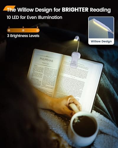 Glocusent Willow Book Light for Reading in Bed, 10LED Bright Reading Light, 3 Colors & 3 Brightness, Rechargeable ,Lasts for 80hr, Lightweight Clip on Book Light, Perfect for Book Lovers thumbnail 2