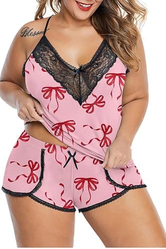 XAKALAKA Women Plus Size Pajamas Cami Shorts Set Nightwear Sexy Lace Lingerie Sleepwear - Image 1
