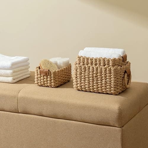 LA JOLIE MUSE Small Wicker Baskets for Organizing, Recycled Paper Rope Storage Basket Container Bins for Shelves Bathroom Cupboards Drawer, Decorative Square Basket Organizer Set of 3 thumbnail 4