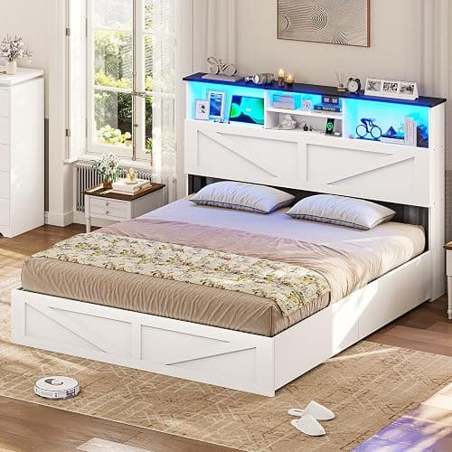 VIAGDO Farmhouse Bed Frame Queen Size with Bookcase Storage Headboard, Charging Station and LED Lights, Wooden Queen Bed Frame with 4 Drawers, Barn Door Design, No Box Spring Needed, No Noise, White thumbnail 8