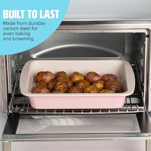 Tasty Nonstick Toaster Oven Baking Set Includes Cake Pan, Oven Tray, Rack, Carbon Steel Bakeware, 3-Piece Set, Pink thumbnail 5