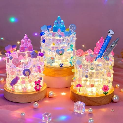 ndodved DIY Imitation Crystal ice Pen Holder nightlight, Plug-in Manual Set LED Warm lamp, Suitable for Bedroom/Children's Room Decoration | Desk/Bedside lamp, Christmas Gift. (Castle Pink) thumbnail 2