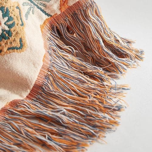Bailix Boho Throw Blanket for Couch Sofa Bed, 100% Cotton Woven Quilt with Tassel 80”x90”, Super Soft Muslin Blanket with Floral Printed, Decorative Reversible Bed Blanket/Cover for All Seasons thumbnail 7