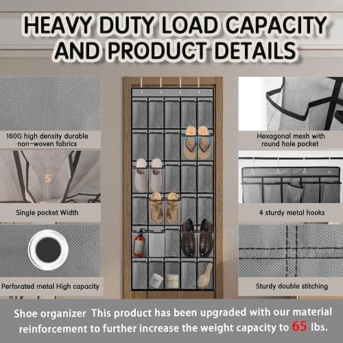 Kotkn Over the Door Shoe Organizer with 30 Breathable Mesh Pockets - Large Capacity Closet Storage for Men & Women, Hanging Shoe Rack Organizer (Gray) thumbnail 2