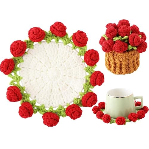 Crochet Flower Coasters, Handmade Bouquet Coasters with Crochet Plant Pot (Red, 2Pcs) - Image 1