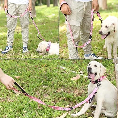Hotsky Tactical Dog Leash Heavy Duty for Medium Large Dogs That Pull,4-6Ft Strong Bungee Shock Absorbing No Pull Dog Leash with Padded Double Handle and Car Seatbelt,Pink Camo thumbnail 9