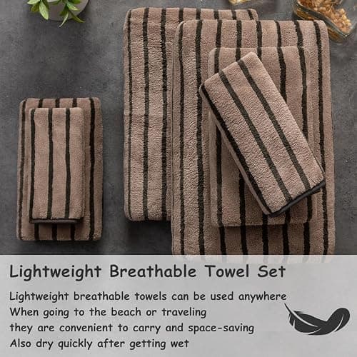 8 Pcs Polyester Brown Cabana Stripe Large Bath Towel Set-2 Bathroom Towels,2 Hand Towels,4 Washcloths Lightweight 600GMS Bath Sheet Absorbent Shower Towel Quick Dry Beach Chair Spa Gym Hotel Towels thumbnail 5