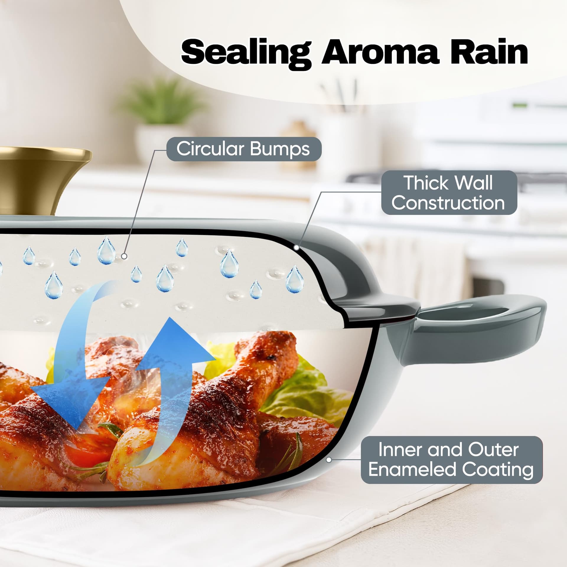 Grelha de ferro fundido esmaltado de 3 litros, frigideira de ferro fundido esmaltado antiaderente com tampa, frigideira holandesa com tampa de até 260 °C para forno, fogão, churrasqueira, forno thumbnail 5