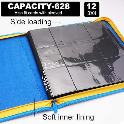 KarlyPro 12 Pocket Trading Card Zip Binder, 628 Cards,TD-Tec Album Material, 26 Side-Loading Ringless Pages, Folder for Collectible TCG,MTG and More - Blue&Yellow(LE-100) thumbnail 2
