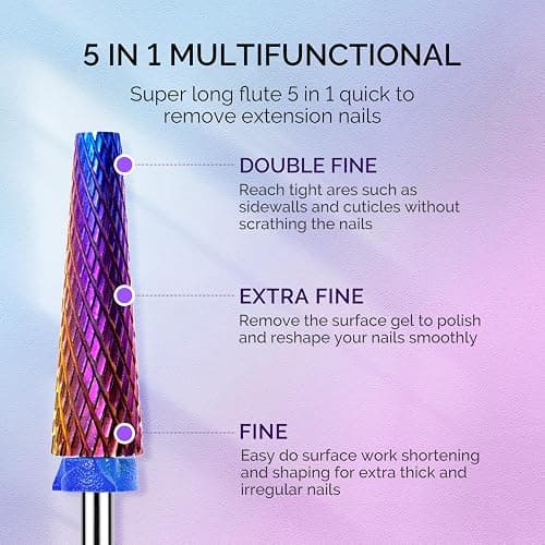 MelodySusie 3Pcs Nail Drill Bits Set, 3/32'' Carbide Tungsten Bits, Super Long 5 in 1, Flat Top Large Barrel and Cuticle Bits, Suitable for Manicure Pedicure Cuticle Gel Acrylic Remover, Purple thumbnail 3