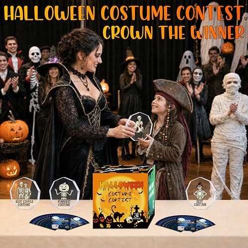 59 Pcs Halloween Costume Contest Awards for Adult Halloween Party Supplies | 4 Acrylic Skeleton Halloween Trophies, 4 Award Sashes, Ballot Box, 50 Voting Cards thumbnail 6