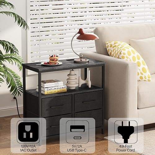 TUTOTAK Large Night Stand with Charging Station, Nightstand with USB and Type-C Port, Bedside Table with Cloth Drawers, End Table for Livingroom, Bedroom, Charcoal Grey TB01BY081 thumbnail 7