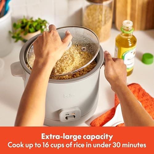 bella 16 Cup Rice Cooker with Steamer, Dishwasher Safe Steaming Basket, Rice Paddle and Measuring Cup, Removable Nonstick Cooking Bowl, Automatic Keep Warm Function​, 400 Watt, Oatmilk thumbnail 2
