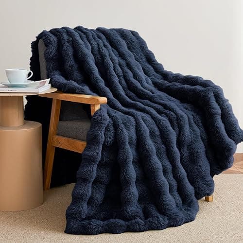 Faux Rabbit Fur Throw Blanket for Couch, Fluffy Warm Plush Thick Bubble Blanket for Bed Sofa Living Room, Soft Cozy Furry Blanket, 50x60 inches, Navy Blue - Image 1
