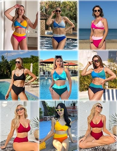 AI'MAGE Women's High Waisted Bikini Set 2025 Tummy Control Swimsuits Two Piece Swim Suit Color Block Bathing Suits thumbnail 5